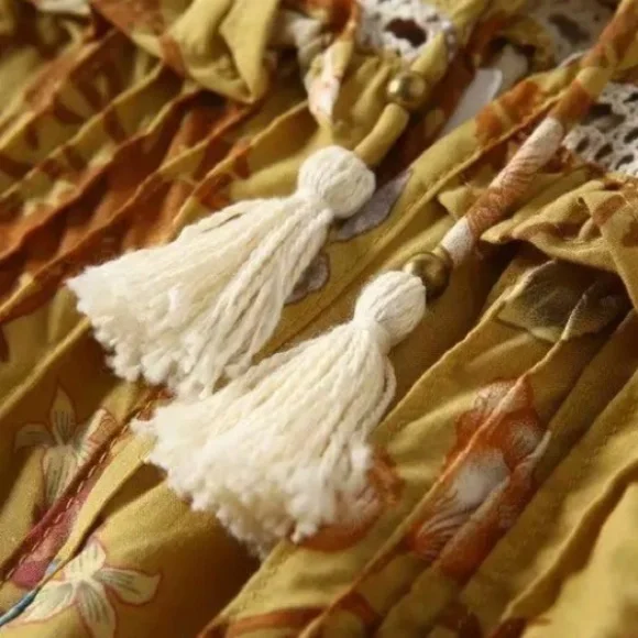 SOLD OUT Golden Floral Ruffle Fall Boho Long Sleeve Dress - Picture 10 of 12